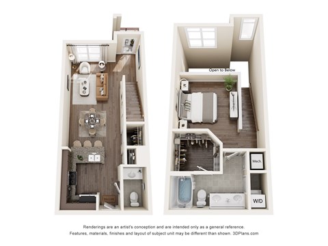 Floor plan for 1 bed, 1.5 baths, 869 sqft